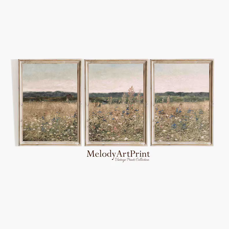 Wildflower Field Set of 3 Prints Vintage Wall Art, Country 3 Pieces, Landscape Painting, Neutral ... | Etsy (US)