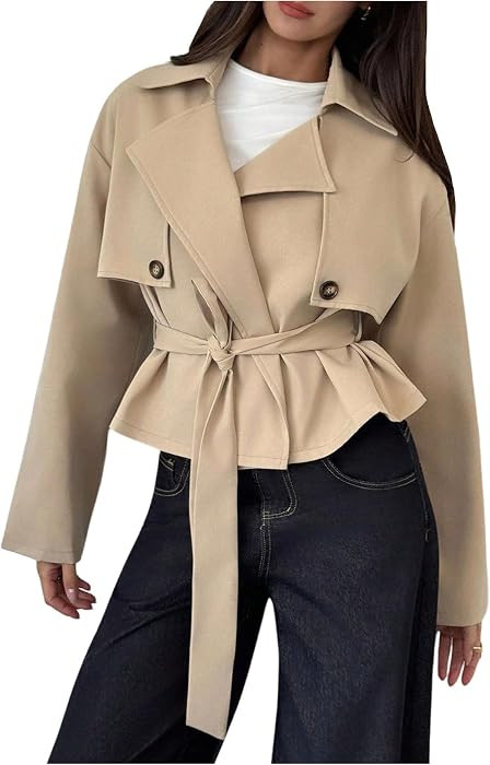 OYOANGLE Women's Cropped Trench Coat Double Breasted Lapel Collar Belted Short Jacket Trendy Fall... | Amazon (US)