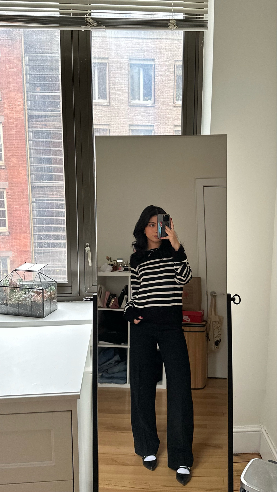 business casual outfit | striped sweater, black pants, black flats

#LTKworkwear #LTKstyletip