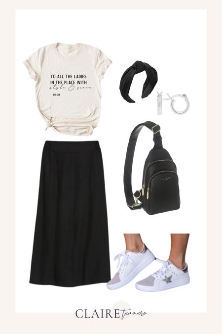 Casual graphic tee with a black maxi skirt and white sneakers! I would pair it with a black headband, earrings and a sling bag! 

#LTKunder100 #LTKmidsize #LTKstyletip