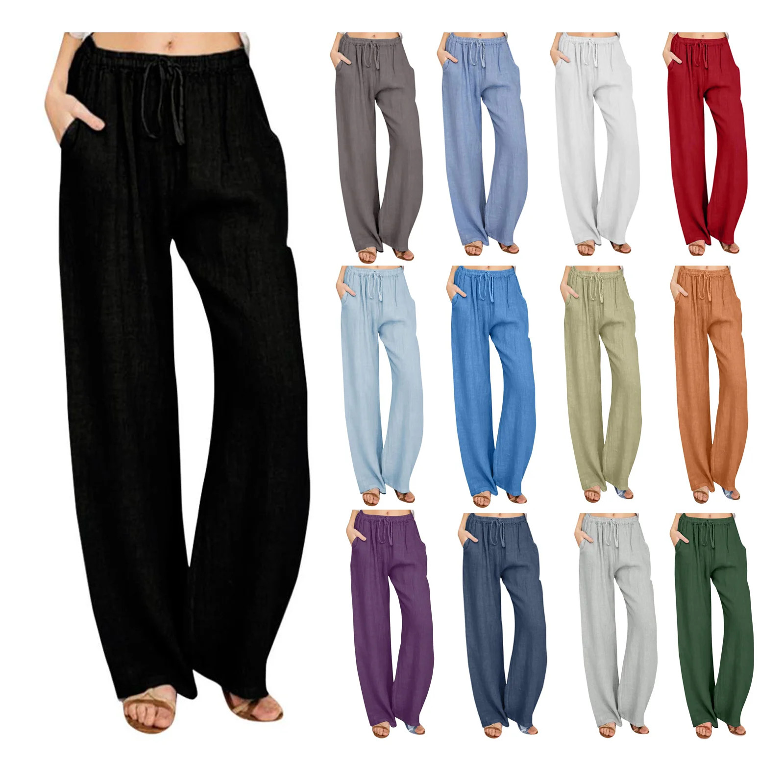 Womens Cotton Linen Pants Drawstring Waist Straight Leg Lounge Pants for Women Solid Color Slacks... | Walmart (US)
