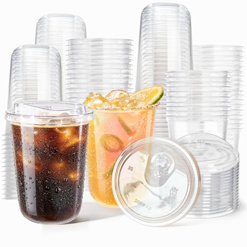 Boxential 100 Pack 16 oz Round Bottom Plastic Cups with Strawless Sip Lids, Disposable Coffee Cups with Lids, To Go Iced Coffee Cups with Lids, Disposable Cups for Party, Smoothie Cup for Cold Drinks | Amazon (US)