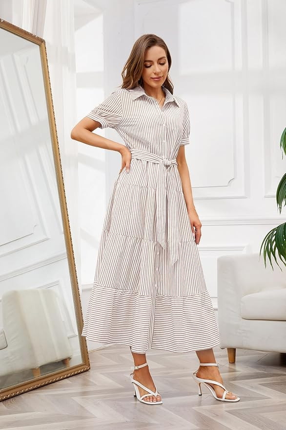utcoco Womens Casual Short Sleeve Button Down Tie Waist Ruffled Striped Maxi Shirt Dress | Amazon (US)