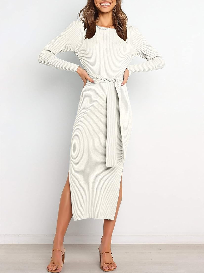 ANRABESS Women's 2022 Elegant Sweater Dress Long Sleeve Crewneck Tie Waist Slim Fit Knit Slit Midi D | Amazon (US)