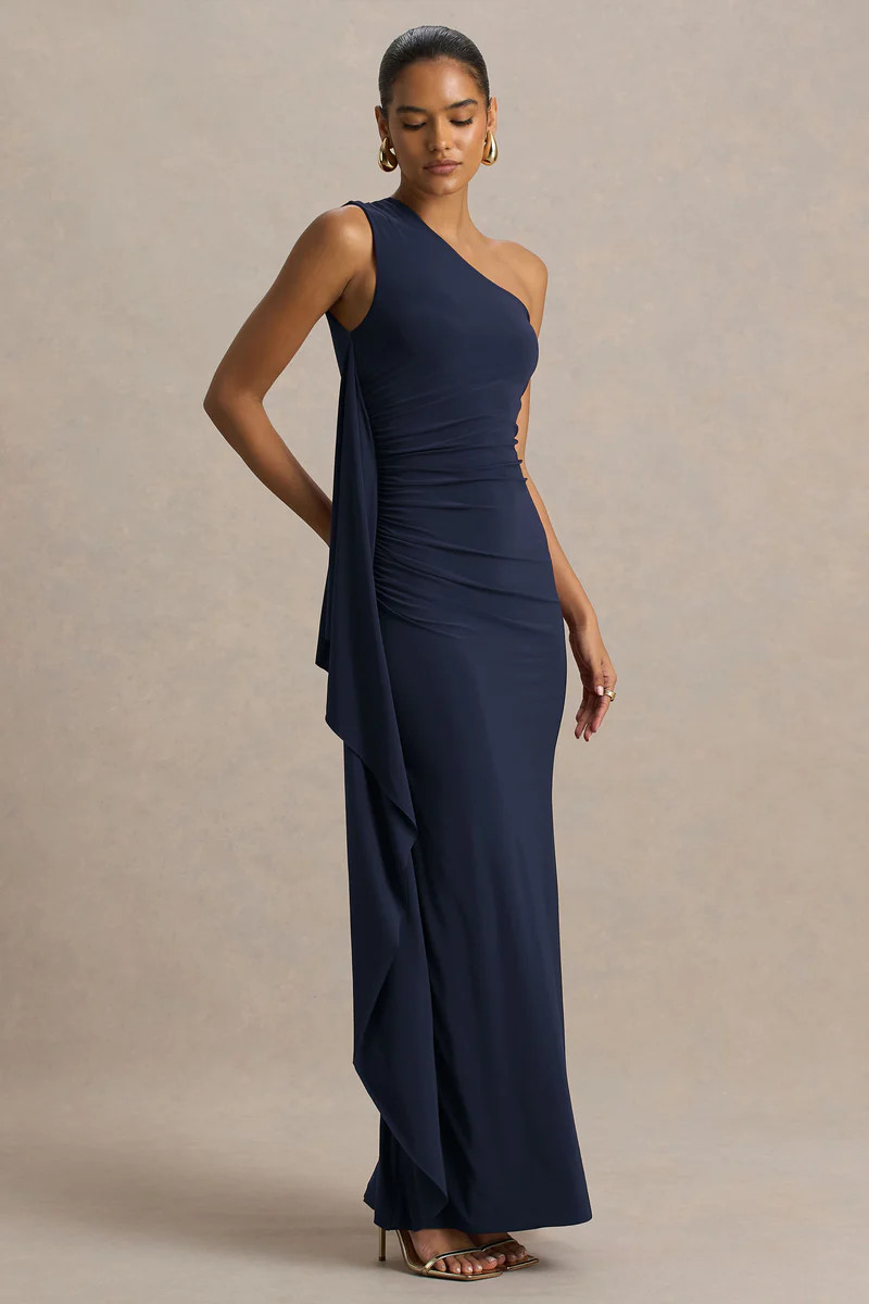 Adelina  Navy One-Shoulder Maxi Dress With Drape | Club L London