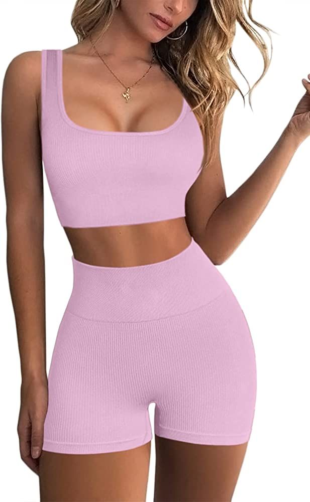 Amazon.com: FAFOFA Workout Outfits for Women 2 Piece Ribbed Seamless Crop Tank High Waist Yoga Sh... | Amazon (US)