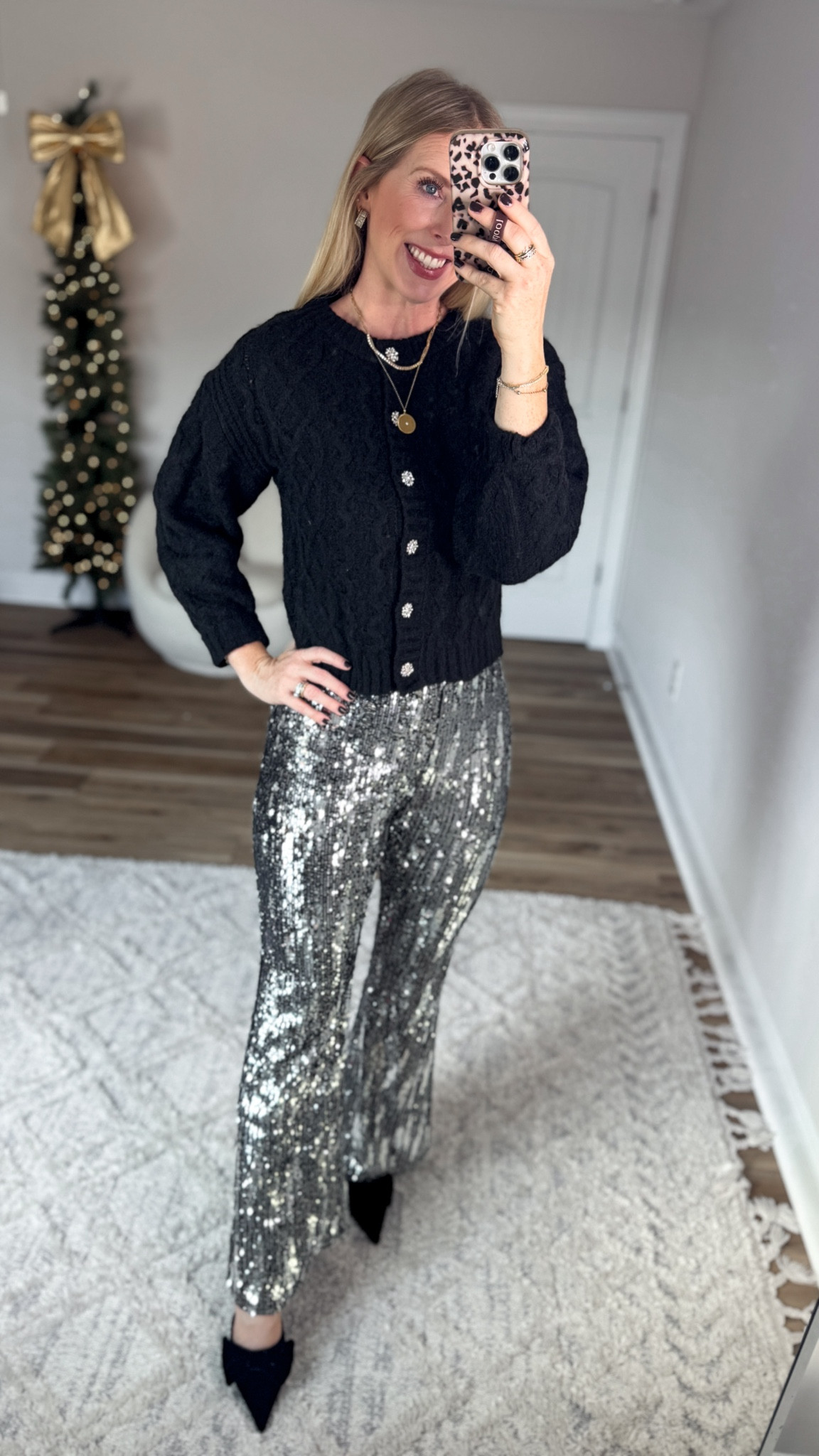 Daily try on, Walmart outfit, Walmart fashion, Walmart try on, sequin pants, black cardigan 

Small in both 

#LTKHoliday #LTKStyleTip #LTKFindsUnder50