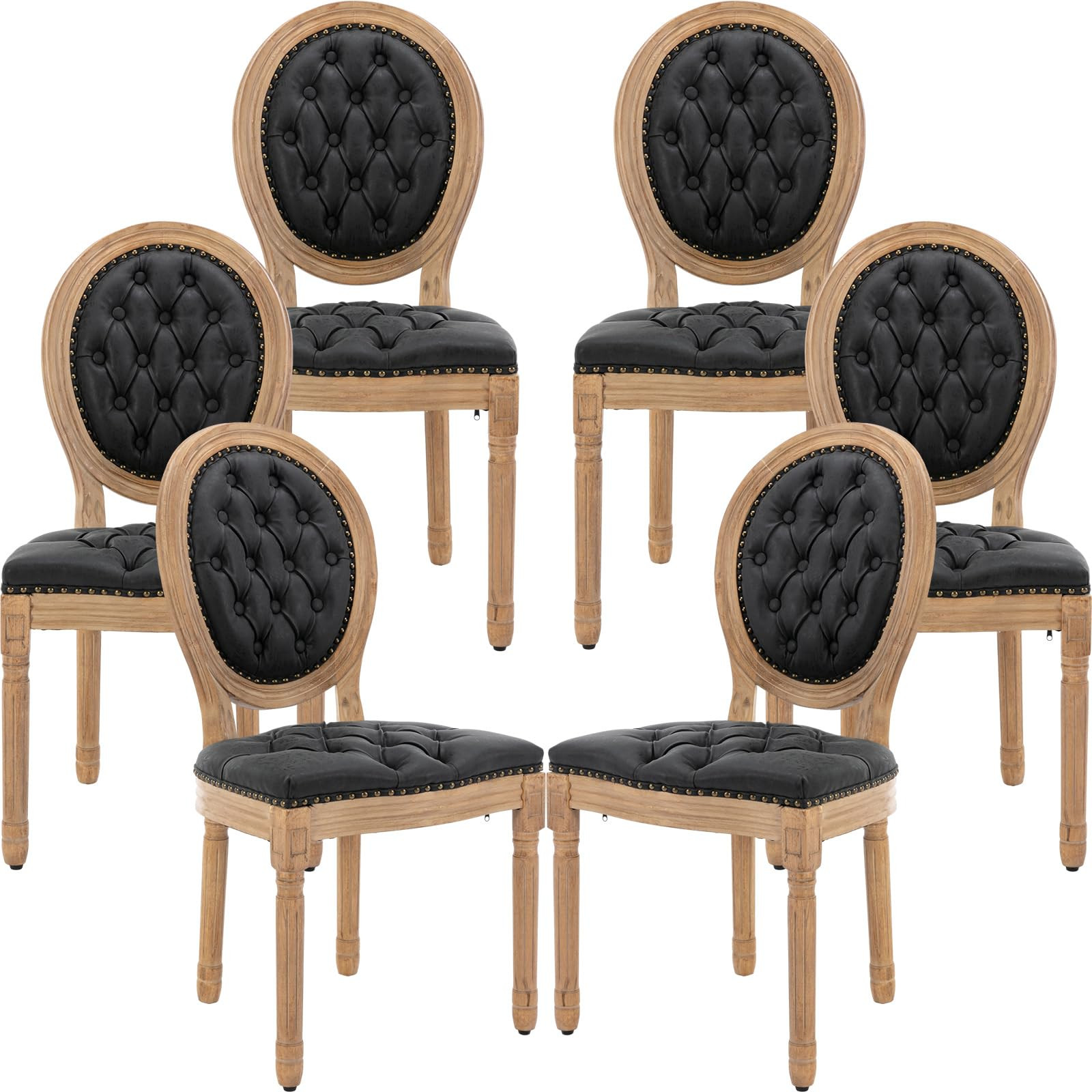 Vintage French Country Dining Chairs Set of 6, PU Leather Dining Chairs with Solid Wood Legs, Bla... | Amazon (US)