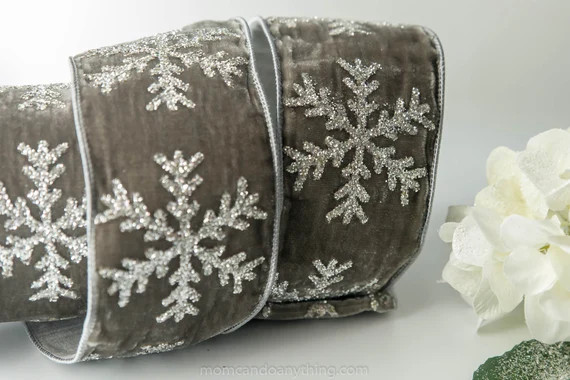 Gray Velvet With Glittered Snowflake WIRED Ribbon Designer | Etsy | Etsy (US)