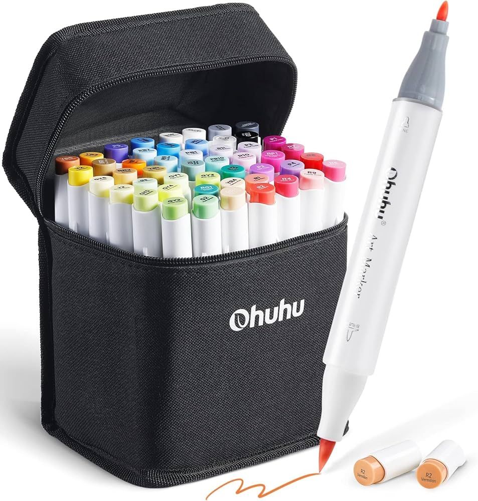 Ohuhu 48-Color Alcohol Brush Marker Set - Dual-Tip Art Markers for Adult Coloring and Illustratio... | Amazon (US)