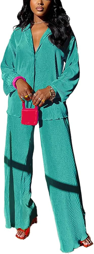 kaimimei Casual 2 Piece Outfit for Women - Linen Long Sleeve Button Down Shirt + Flare Pleated Wi... | Amazon (US)