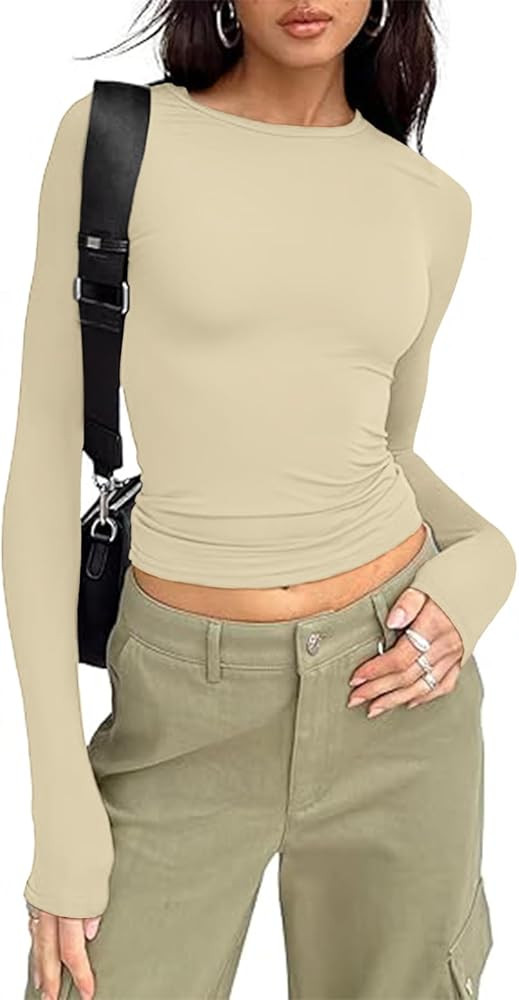 Damen Langarmshirt Basic Oberteile Y2K Slim Fit Klassischer Tshirt Langärm Crop Tops | Amazon (DE)