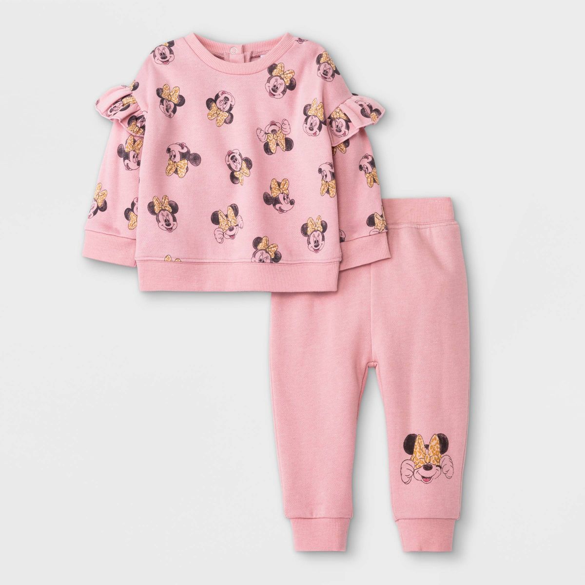 Baby Girls' 2pc Minnie Mouse Long Sleeve Fleece Top and Bottom Set - Pink | Target