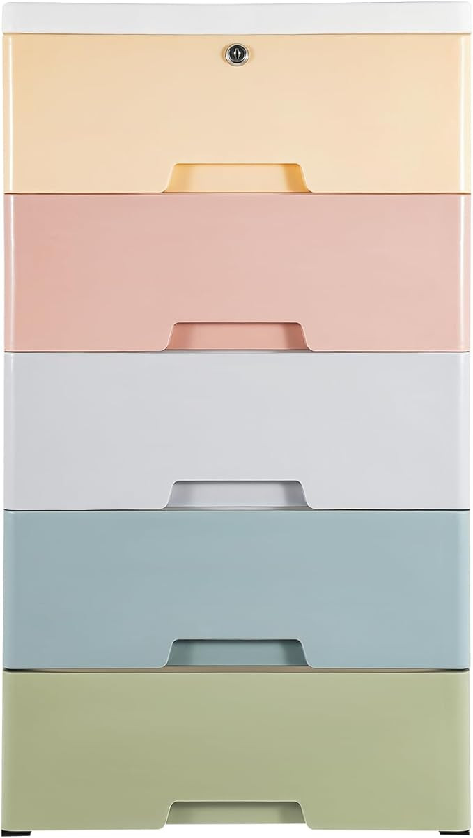 Plastic Drawers Storage Cart Mobile Cabinet with Casters, 5 Drawers Storage Dresser with Lock, La... | Amazon (US)