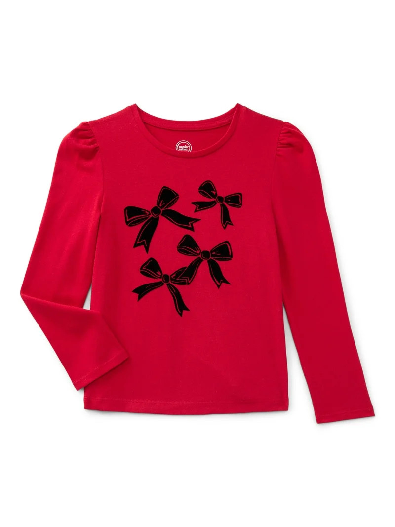 Wonder Nation Girls Gathered Shoulder Tee with Long Sleeves, Sizes 4-10 | Walmart (US)
