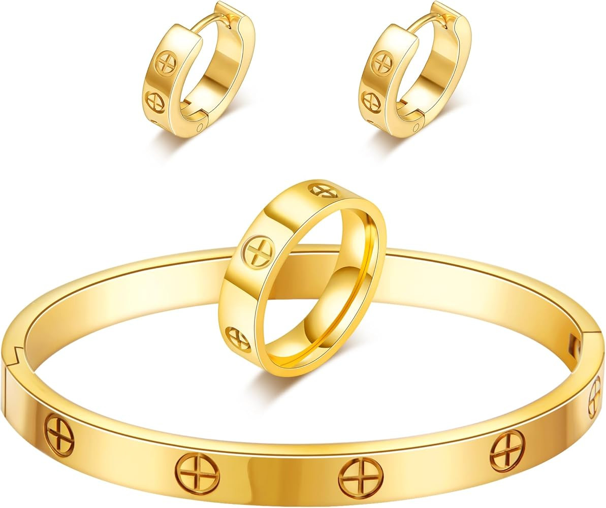 3 Pcs Gold Hoop Earrings Bracelets Ring Sets for Women-18K Gold Plated Love Bracelet Cubic Zircon... | Amazon (US)