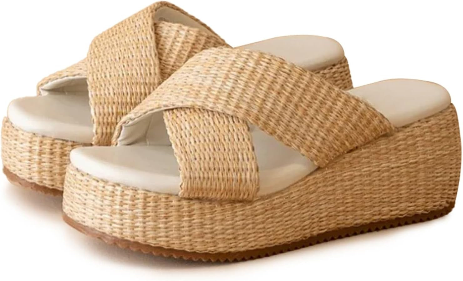 Platform Sandals for Women Raffia Espadrille Slip On Slides Casual Woven Comfortable Open Toe Sandals Cute Summer Beach Sandals | Amazon (US)