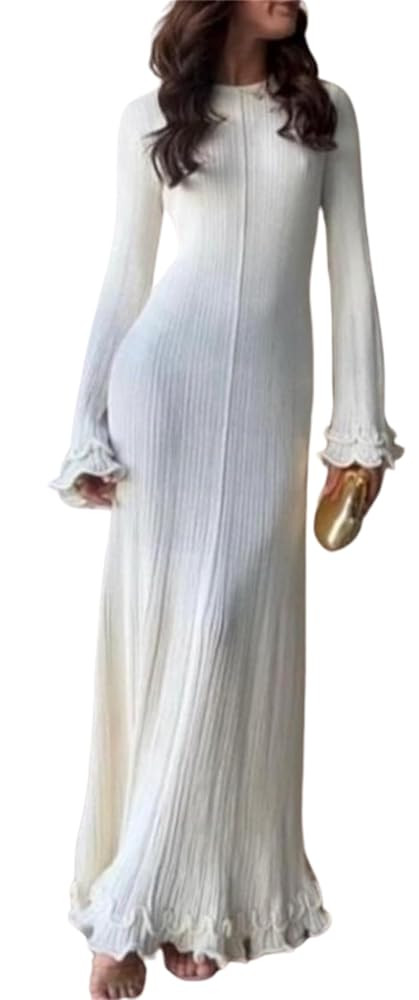 Maxi Dress with Ruffles Crochet Cream Tie Back Knot Bodycon Long Sleeve Sweater Dress | Amazon (US)