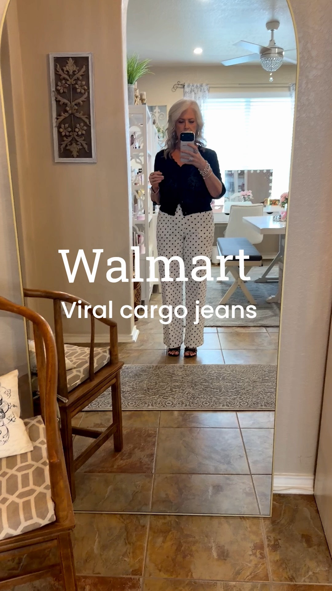 OOTD is another print in the viral Walmart cargo jeans.  I love how cute the polka dot are!  The fit amazing (I size down to small) just follow the size chart and you’ll love the fit!  Paired them with a white sports tank, my favorite black textured cardigan and the precious bow heels from Bandolino,

#LTKootd #LTKSaleAlert #LTKWorkwear