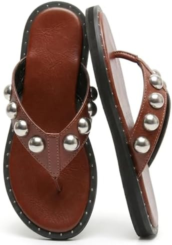 Riekhany Studded Thong Sandals for Women Round Clip Toe Slip On Flip Flops Slides Comfortable Con... | Amazon (US)