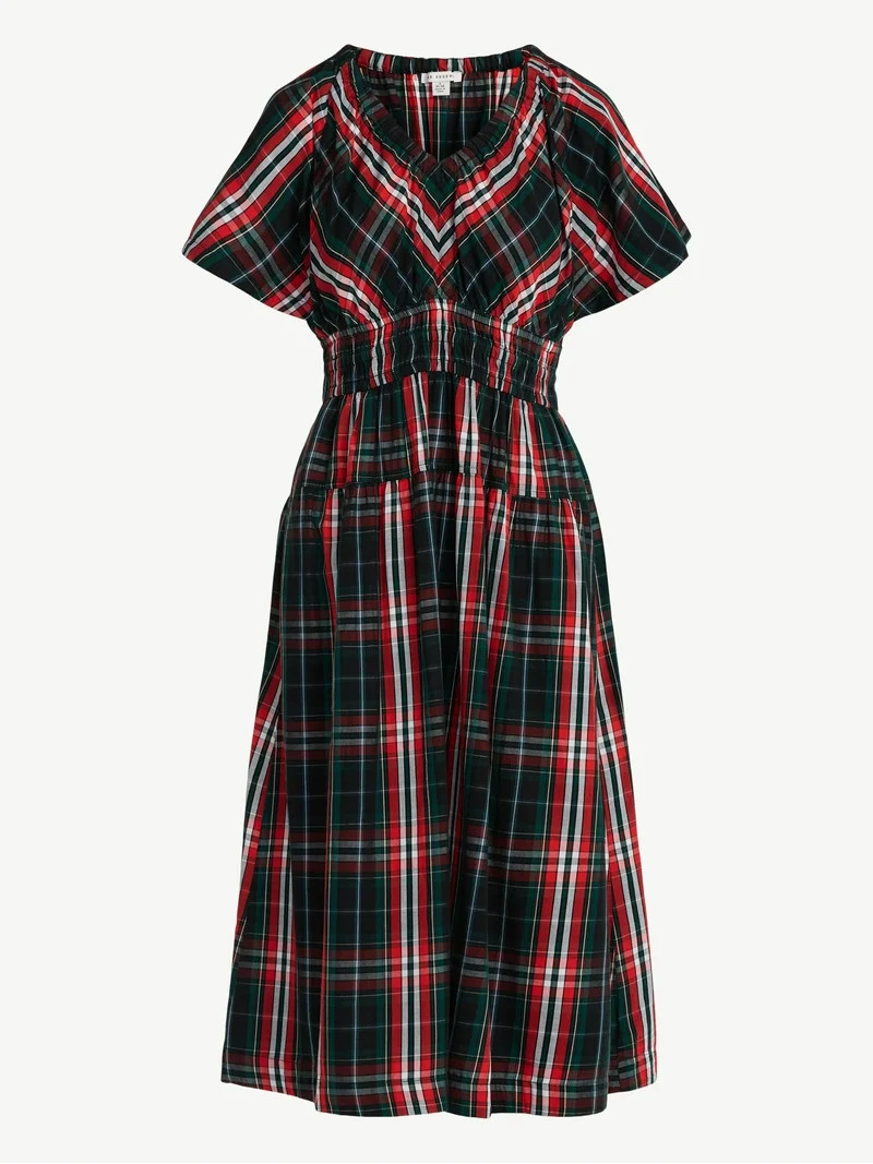 Free Assembly Women's and Women's Plus Cotton Smocked Waist Midi Dress with Flutter Sleeves, Size... | Walmart (US)