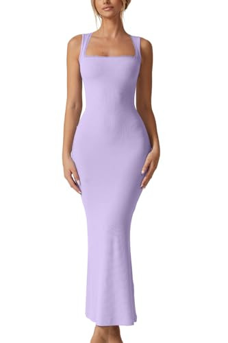 QINSEN Women's Square Neck with Lace Detail Long Maxi Dress Sleeveless Lounge Ribbed Full Length ... | Amazon (US)