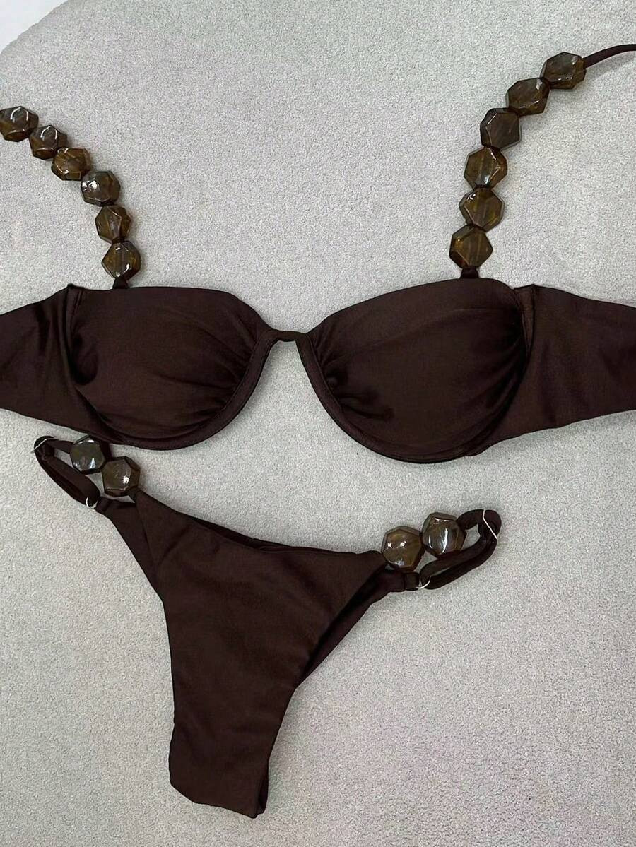 Sexy Solid Color Ruched Bikini Swimwear Set, Summer Beach | SHEIN