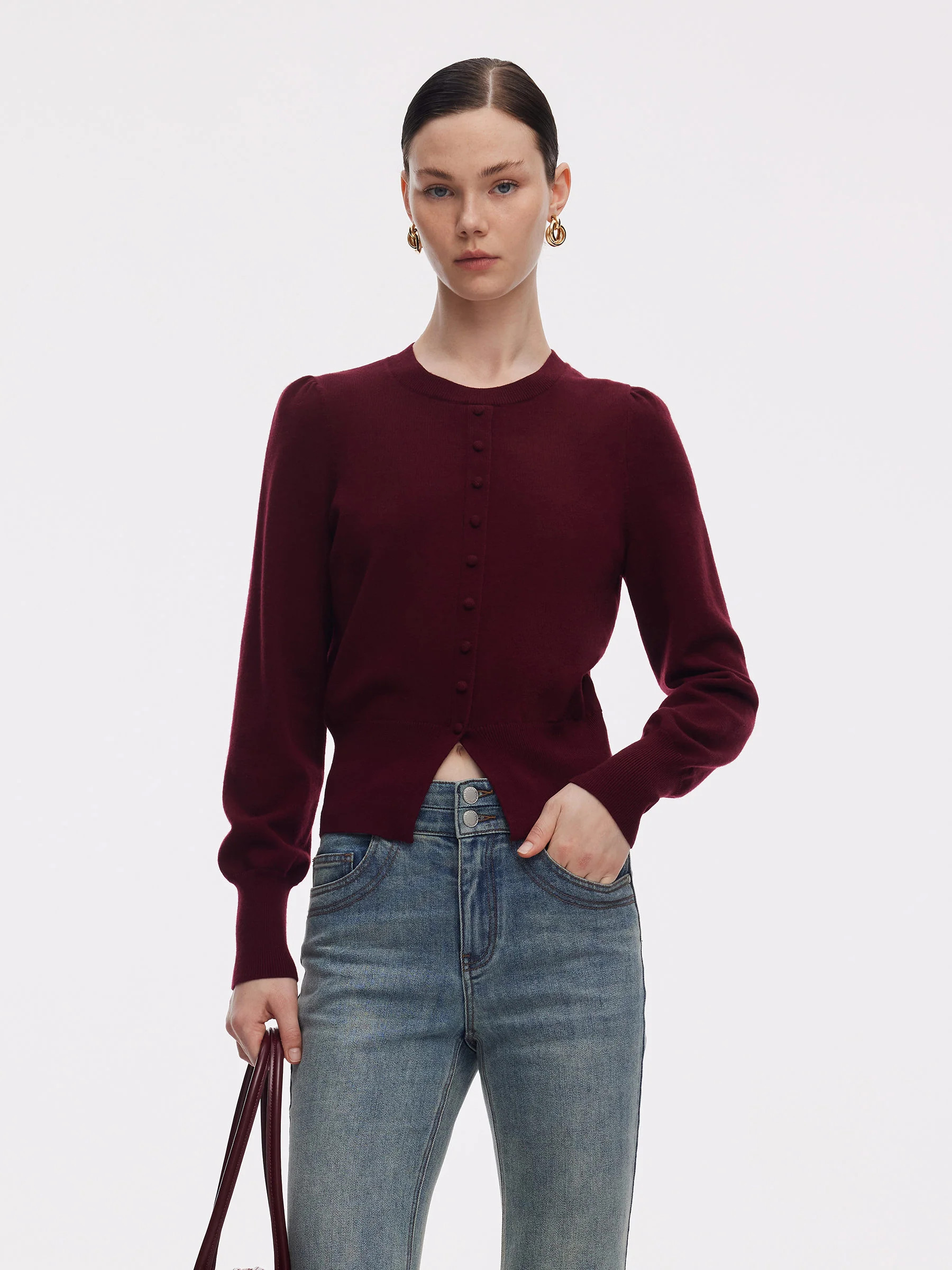 Tencel Blend Puff Long Sleeve Women Knit Top | GOELIA