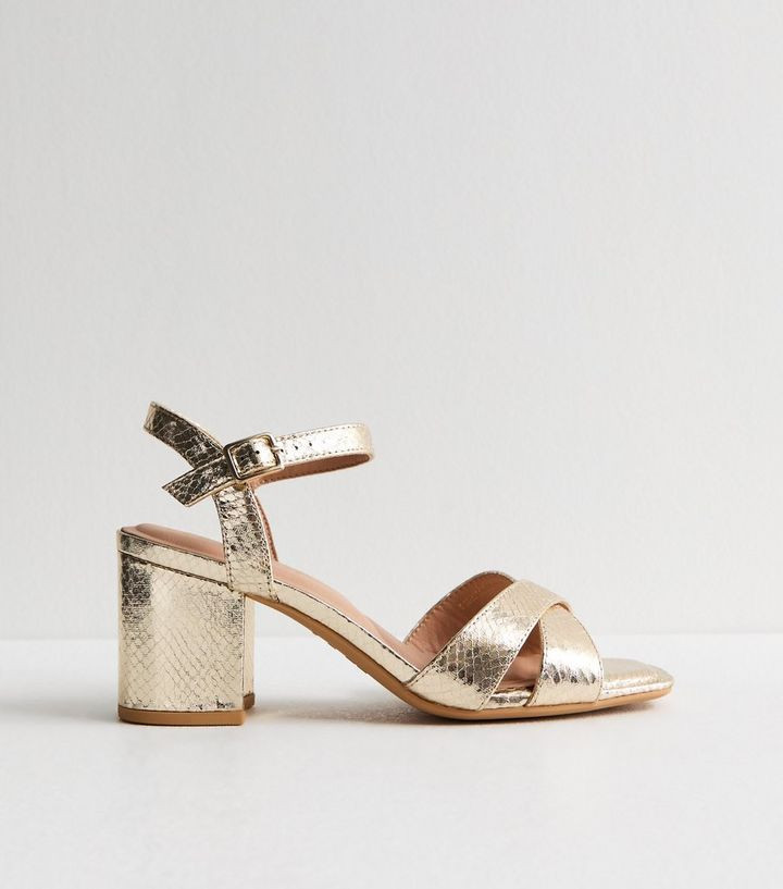 Wide Fit Gold Snake Effect Block Heel Sandals | New Look | New Look (UK)