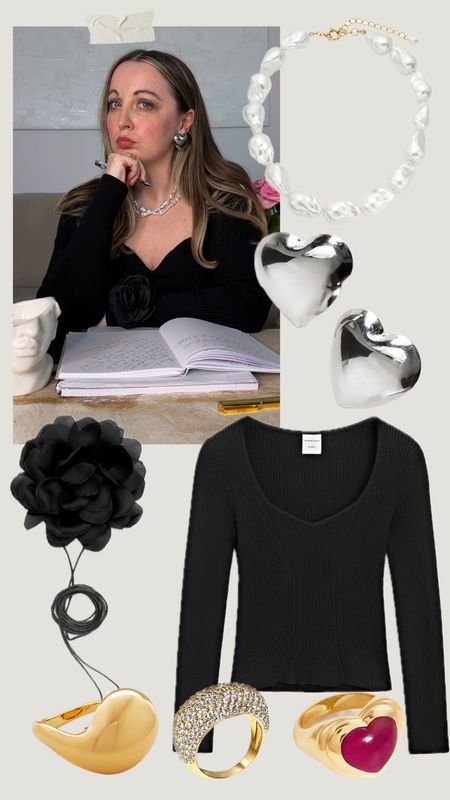 GET THE LOOK | Pearls and flowers and sweetheart necklines… my romantic working from home look 🖤🖤
Black sweater | Baroque pearls | Freshwater | Gold pen stationery | Oversized heart earrings | Ring stacking | Lariat flower necklace 

#LTKeurope #LTKstyletip #LTKuk