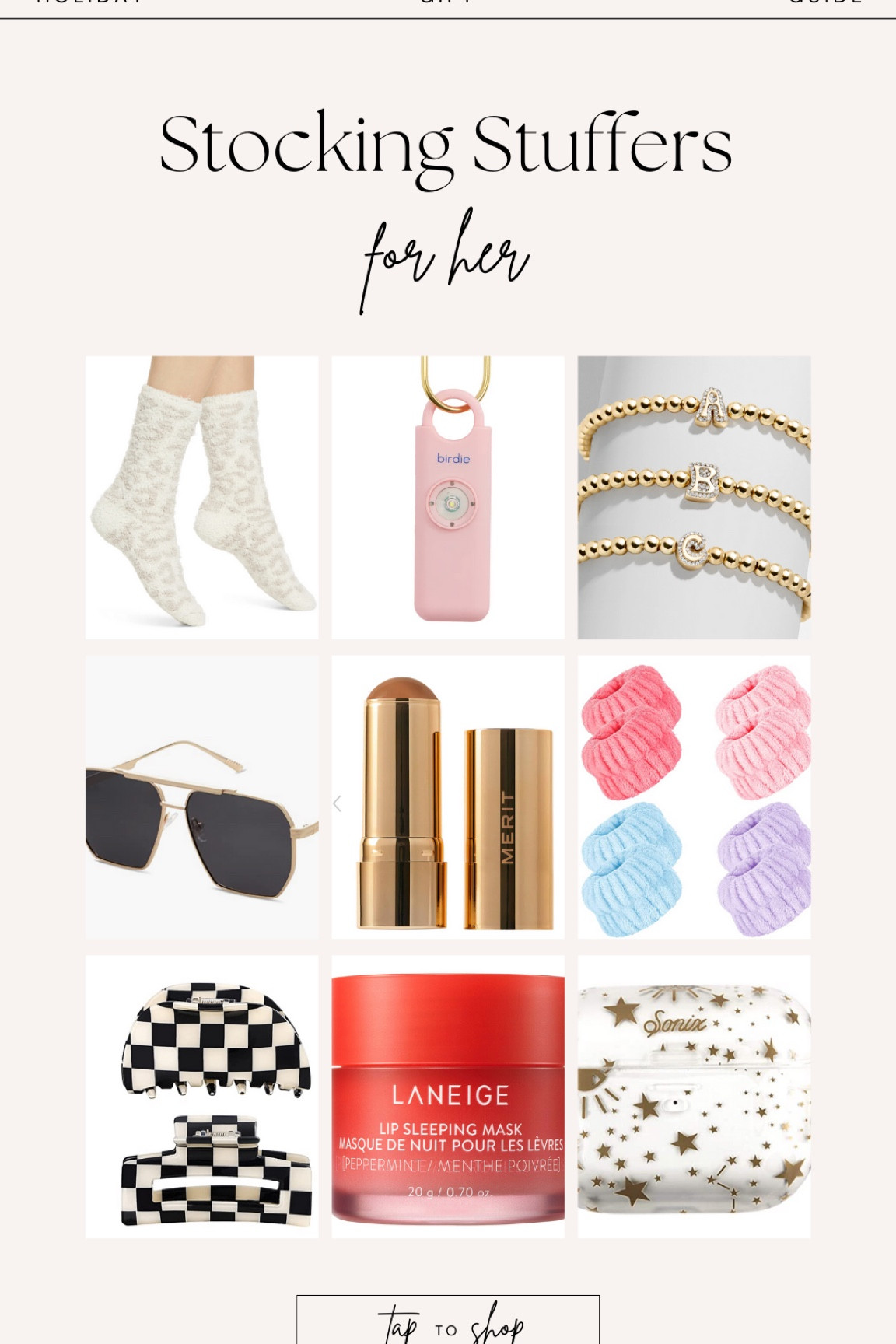 Stocking stuffers for her, barefoot dreams, bauble bar, initial bracelets, sunglasses, highlighter, headband, laneige, lip masks, checkered claw clips, AirPod case 

#LTKSeasonal #LTKHoliday #LTKGiftGuide