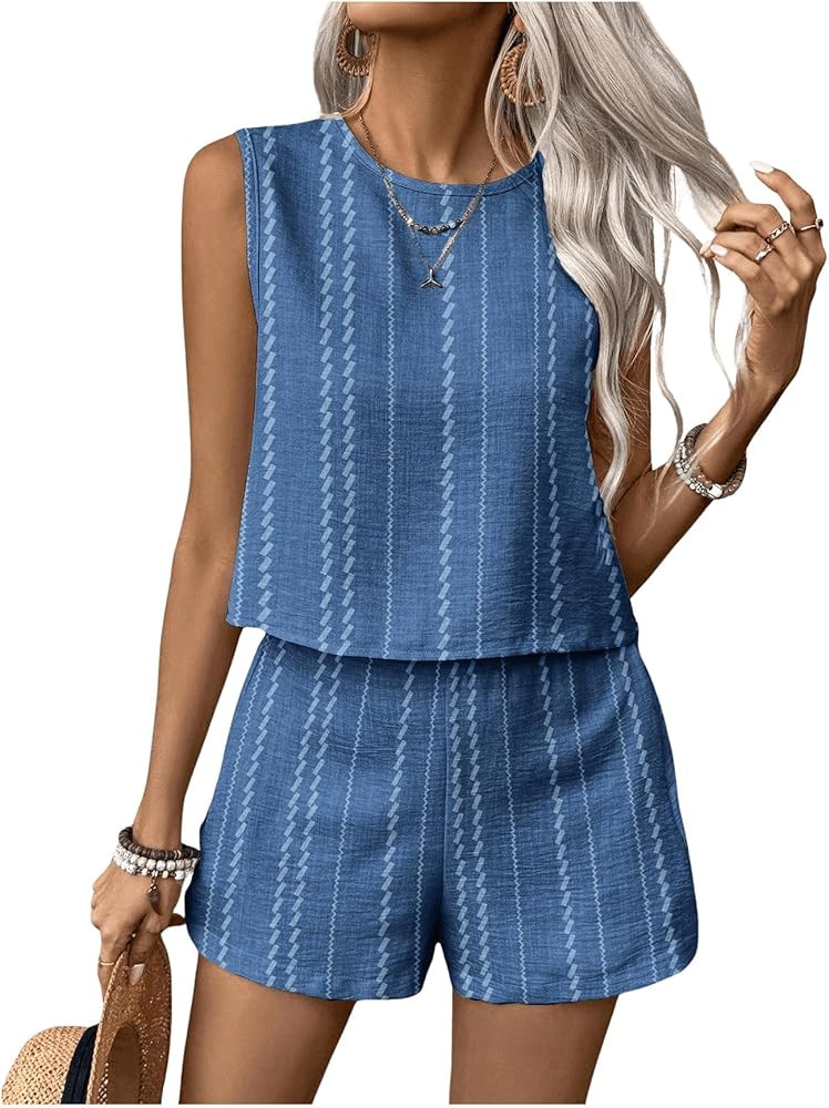 MakeMeChic Women's 2 Piece Outfits Striped Crew Neck Tank Top and Wide Leg Shorts Set | Amazon (US)