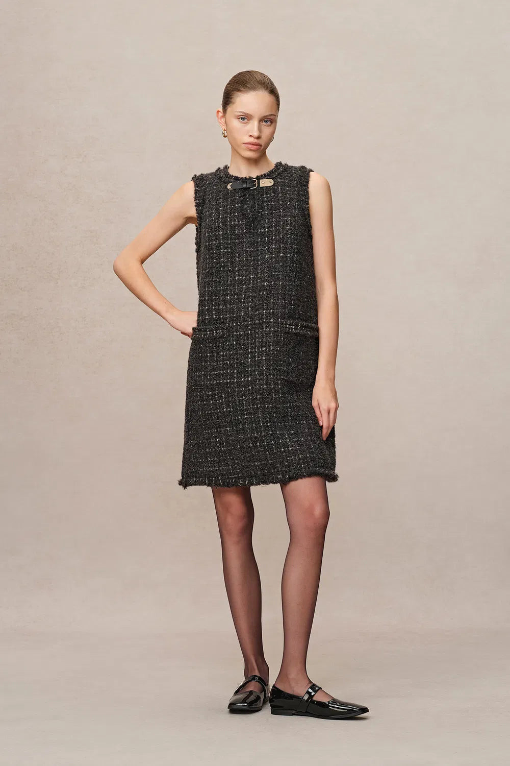 Althea Hand Applied Fringe Floral Dress in Wool Tweed with Metallic Th | Fabrique