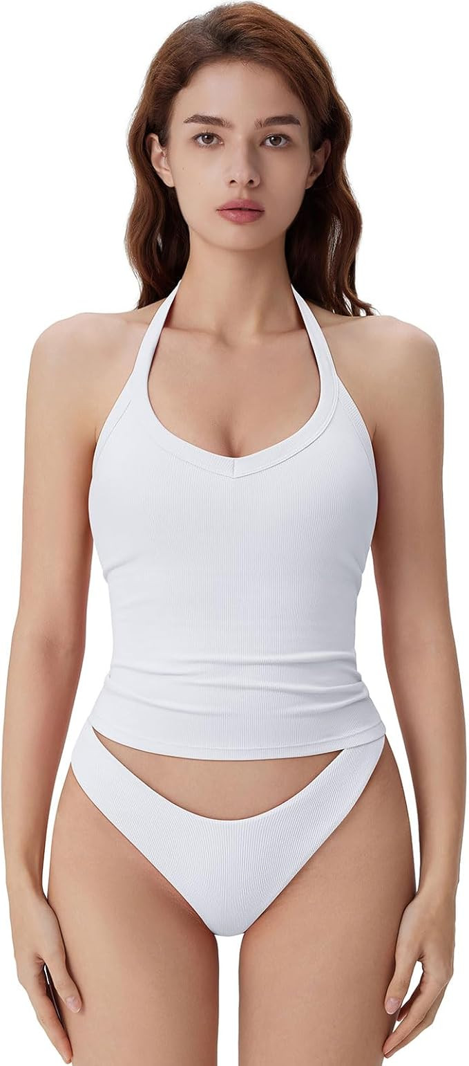 SUUKSESS Halter Tank Top for Women with Built in Bra Cotton Ribbed V Neck Cami | Amazon (US)