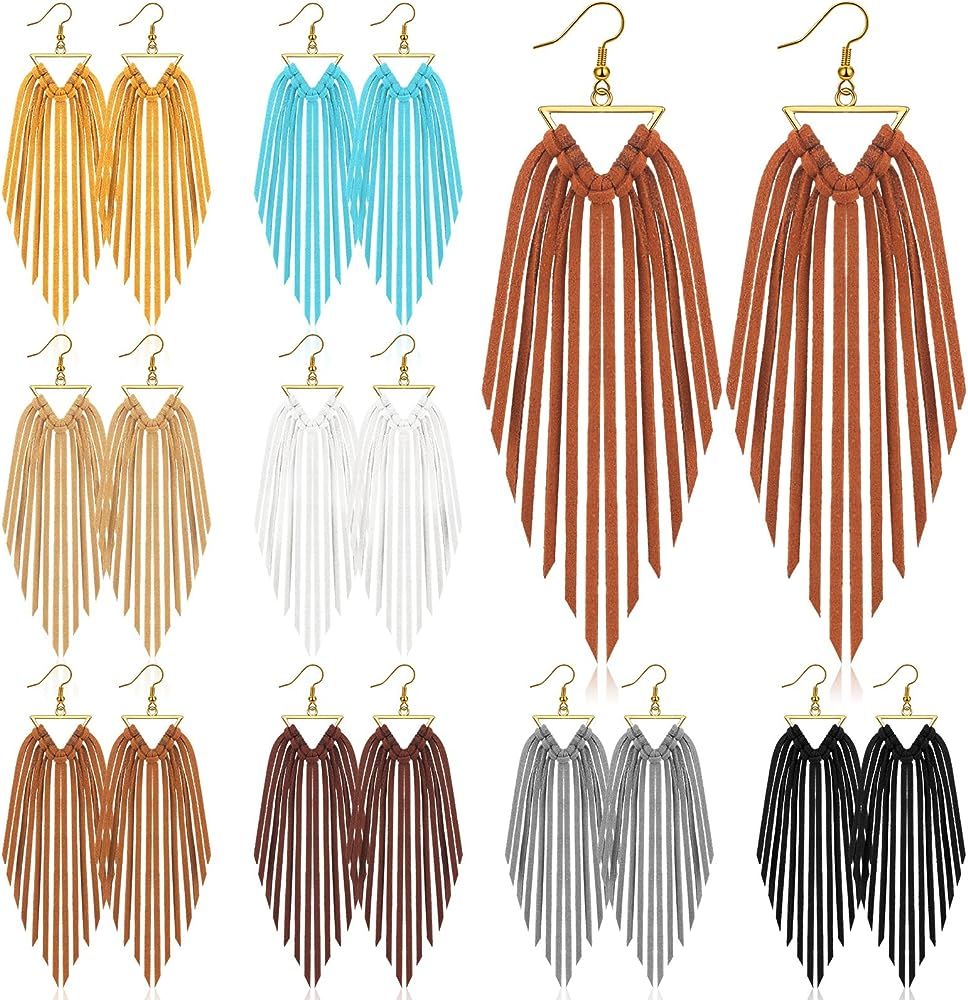 9 Pairs Boho Leather Earrings Fringe Leather Earrings Triangle Deerskin Leather Fringe Boho Earri... | Amazon (US)