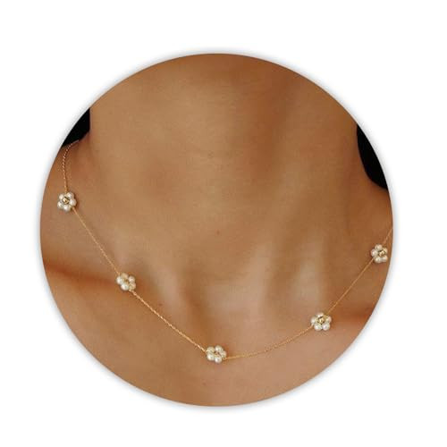 SmileBelle Daisy Pearl Necklace, Dainty Pearls Choker Necklaces for Women's Pearl Strand Necklaces as Flower Gifts, 18K Gold Plated Stainless Summer Merch for Teens Birthday Daisy Prom Costume Gift | Amazon (US)