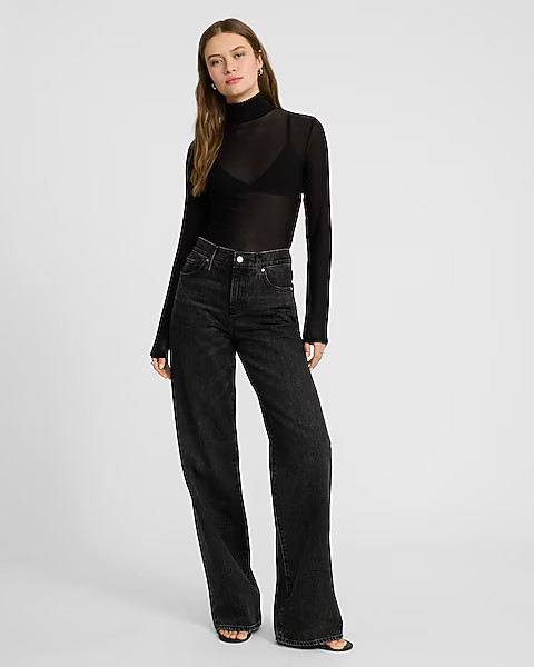 Fitted Mesh Mock Neck Long Sleeve Bodysuit | Express