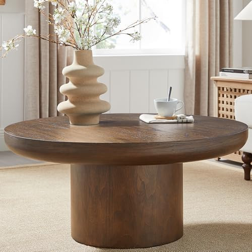 Round Coffee Table 36" Wood for Living Room Large Modern Solid Wooden Drum Circle Farmhouse Center Mid-Century Sofa Side Coffee Tables for Apartment Home Furniture Cocktail Tea Brown Easy Assemble | Amazon (US)