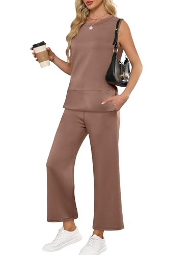 ANRABESS Women's 2 Piece Outfits 2025 Summer Beach Vacation Clothes Fall Travel Casual Lounge Matching Sets Sweatsuits Brown XX-Large | Amazon (US)