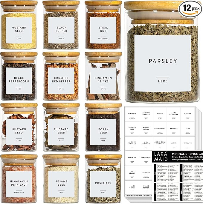 Laramaid 6oz 12Packs Glass Jars Set, Cylinder Spice Jars with Bamboo Lids and Customized Labels, ... | Amazon (US)