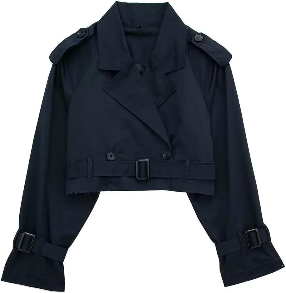 Perbai Women's Casual Lapel Double Breasted Trench Jacket Cropped Pea Coat Outwear with Belt | Amazon (US)