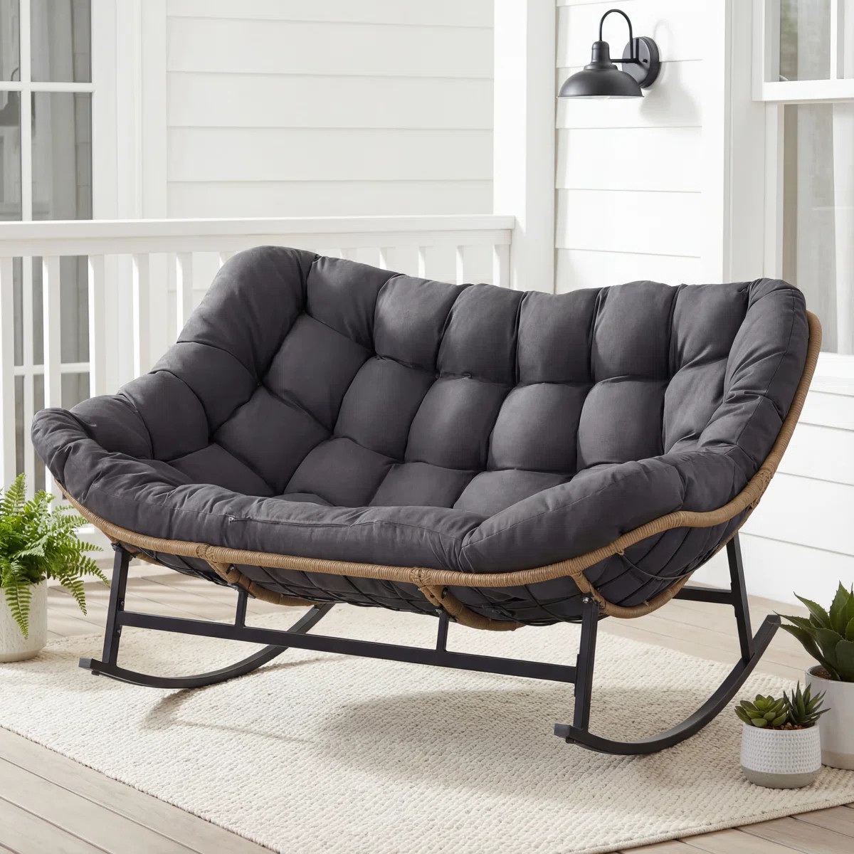 Oversized 2-Person Nest-Style Rocking Chair, Indoor/Outdoor Wicker Lounge Rocker with Cushion, Qu... | Wayfair North America