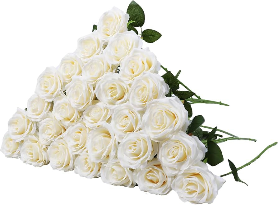 LVEFIT Artificial Rose Flower Ivory Flowers Ivory Roses White Roses Silk Flowers 30 pcs with Long... | Amazon (US)