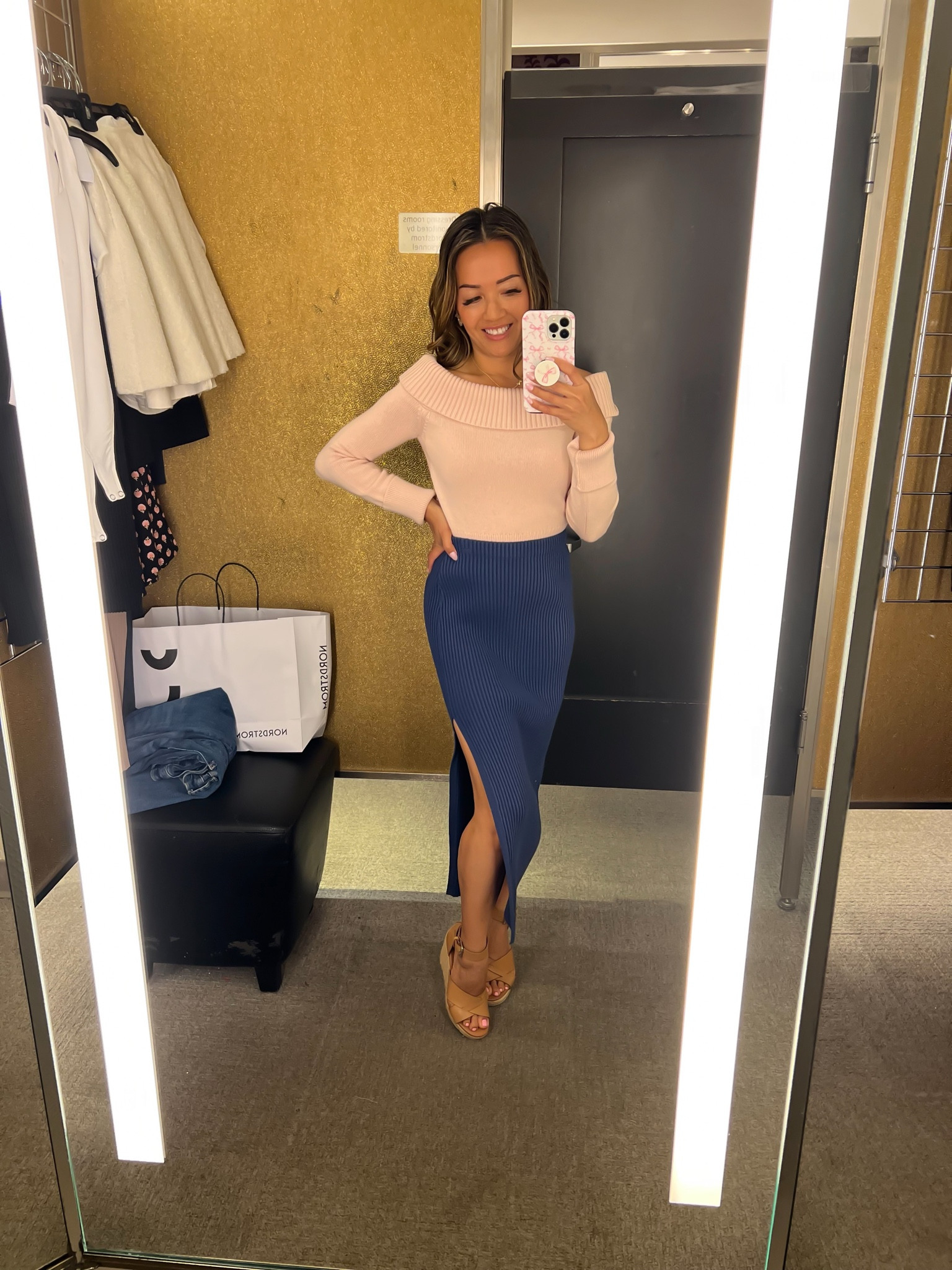 pink off the shoulder sweater (xxs), navy midi skirt (xs)

#nsale 

#LTKSummerSales #LTKxNSale #LTKFindsUnder100