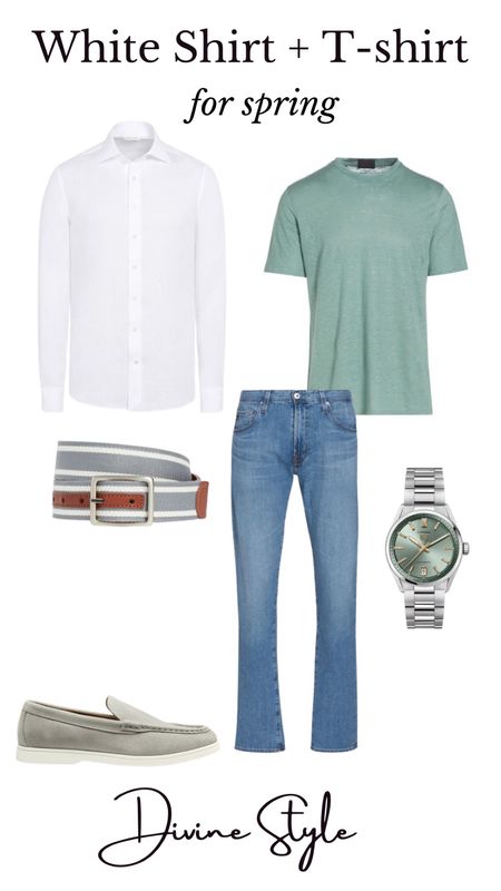 Men’s spring casual outfit formula of white linen shirt, spring color fitted t-shirt and jeans. Elevate your outfit with a spring color woven or leather belt and watch.

#LTKSeasonal #LTKmens