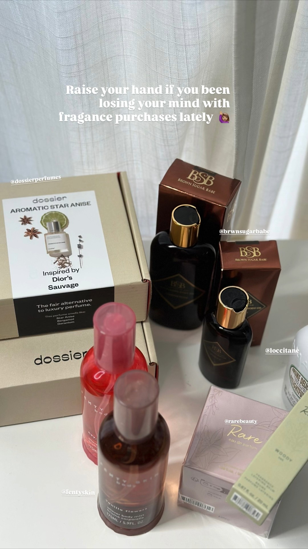 Raise your hand if you been losing your mind with fragance purchases lately 🙋🏽‍♀️ @dossierperfumes  @fentyskin  @brwnsugarbabe  @rarebeauty  @loccitane