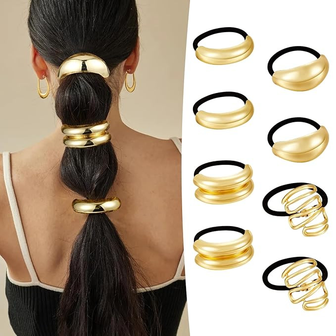 CWJCYTNSN 8 PCS Gold Hair Ties for Women Elastic Metal Hair Ties Ponytail Cuffs Holders for Thick... | Amazon (US)