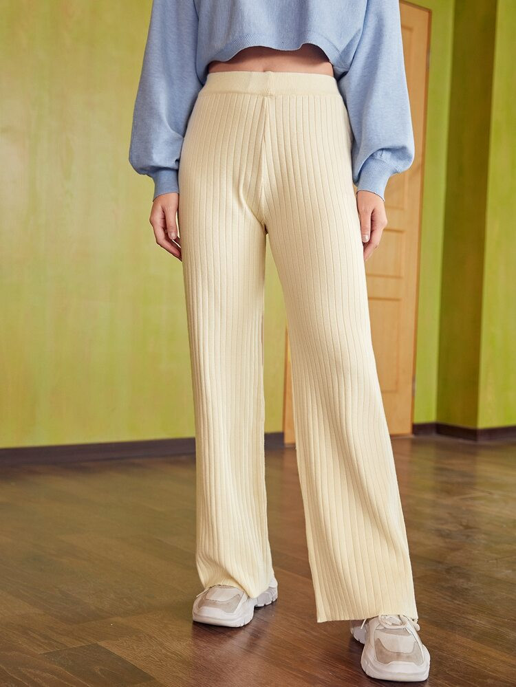 SHEIN High Waist Solid Wide Leg Knit Pants | SHEIN
