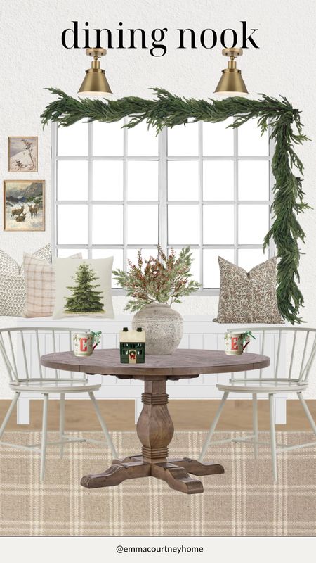 Holiday decor styling and mood board for a cute and cozy breakfast nook. I love the look of garland around a window! Plus changing out the throw pillows/adding 1-2 seasonal ones is such a cute idea. And of course, Christmas mugs 😍

#LTKHoliday #LTKstyletip #LTKhome