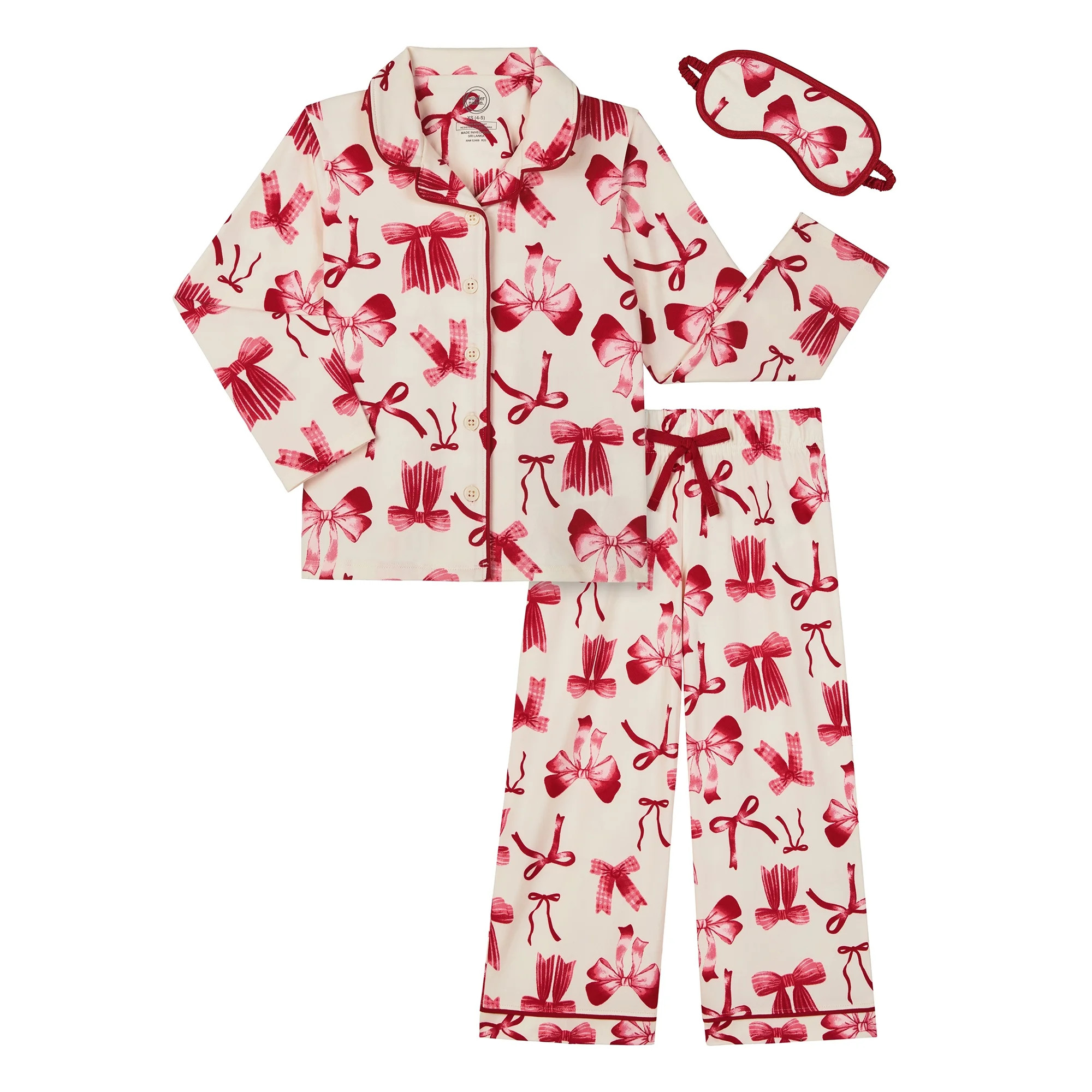 Wonder Nation Girls Long Sleeve Button Front Pajama Top and Pants Set with Eyemask, 3-Piece, Size... | Walmart (US)